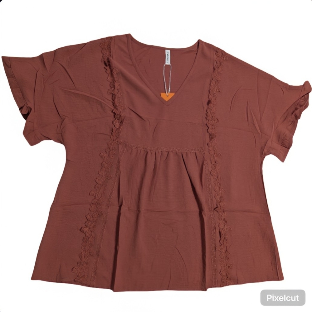Women's Rusty Pink Vneck Babydoll Blouse W/ Floral Lace Detail Size: XL